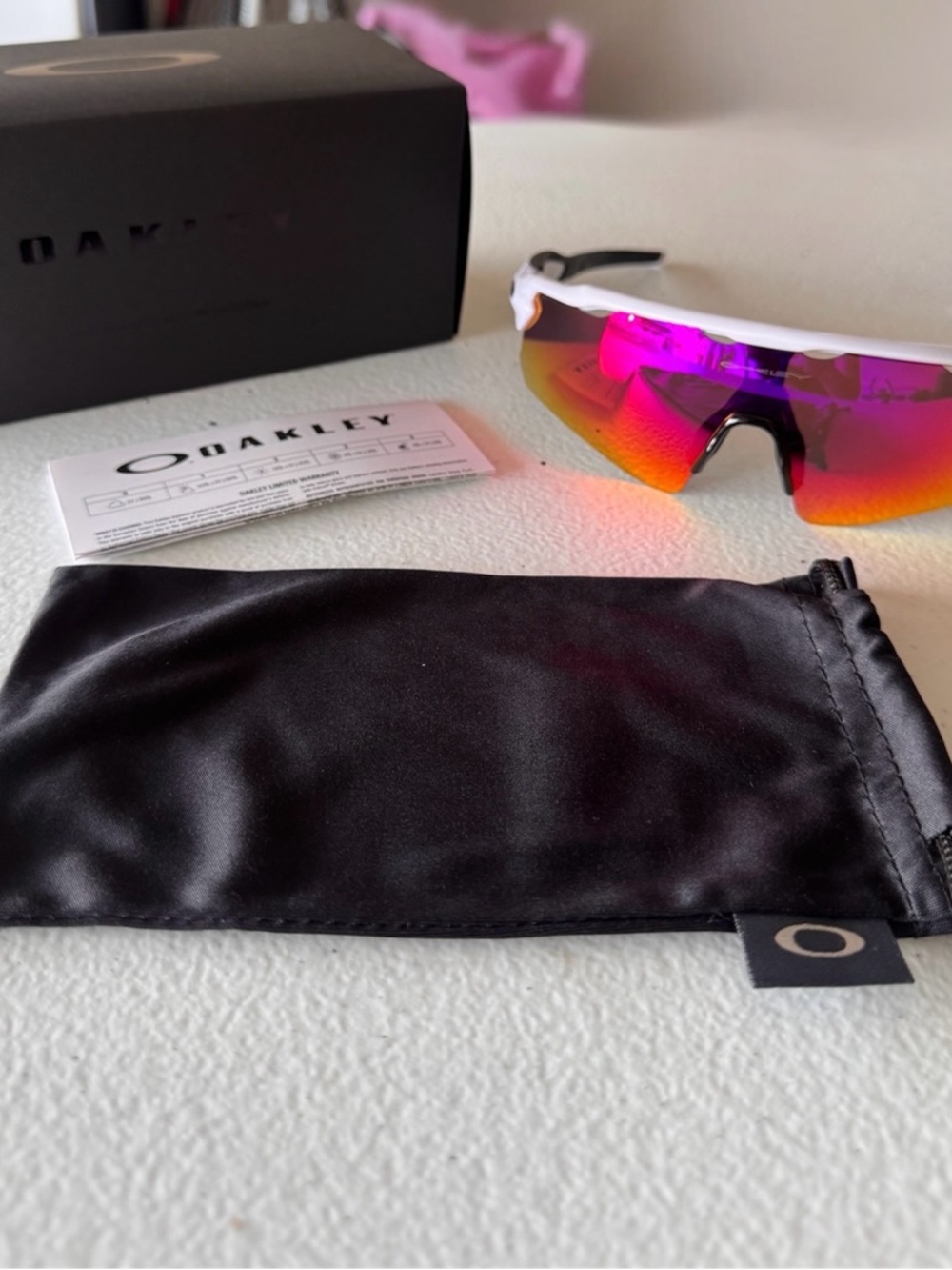 Oakley White Frame Sunglasses with Pink/Orange Mirrored Lens